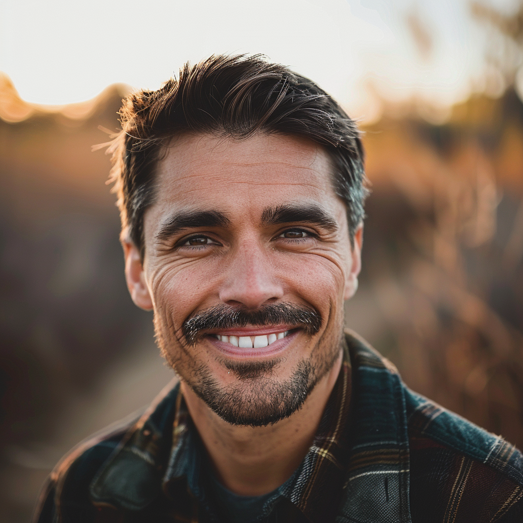 Homme souriant avec chemise à carreaux, fond flou.