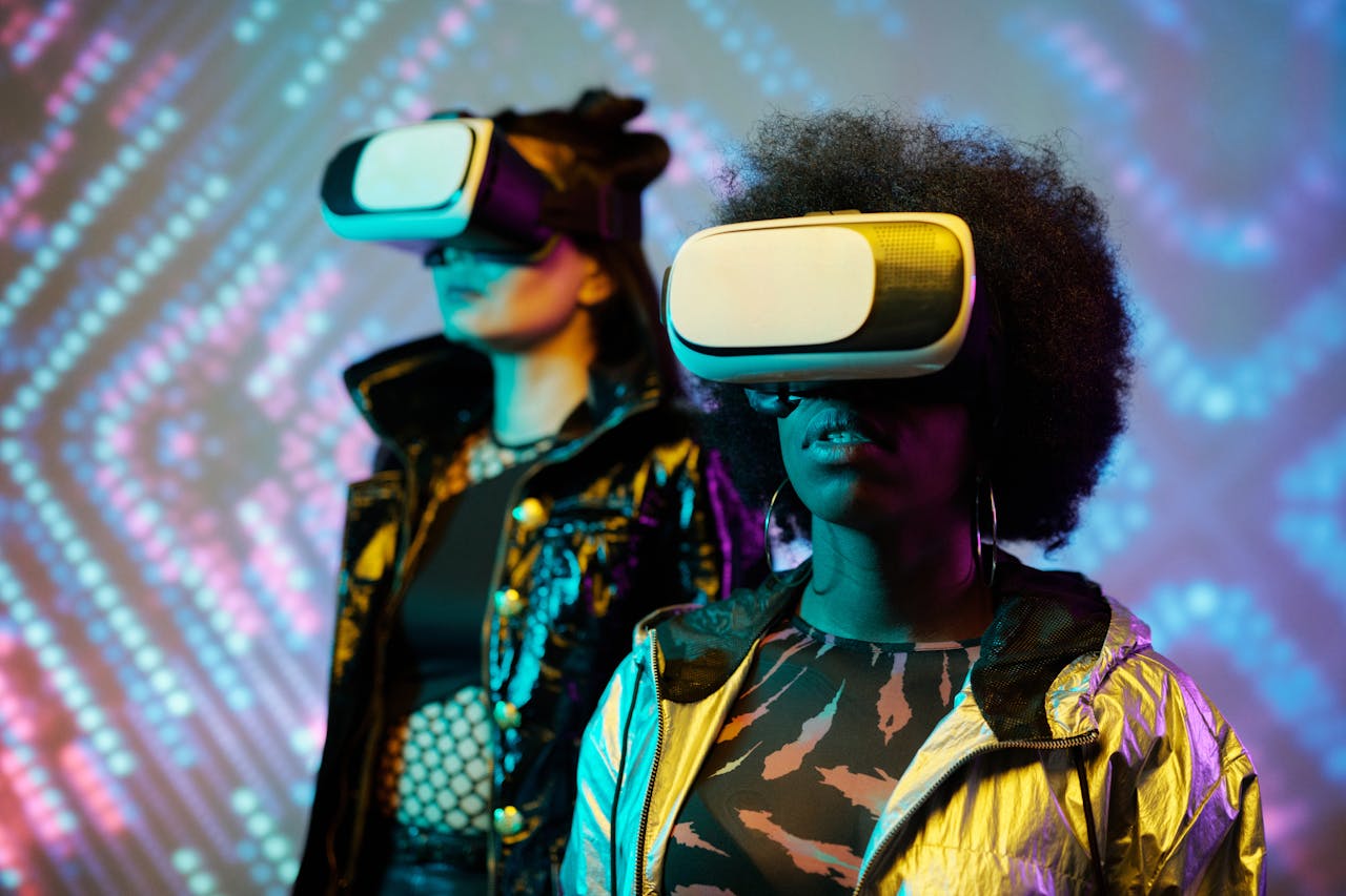 Exploring virtual reality with futuristic headsets in a vibrant setting.